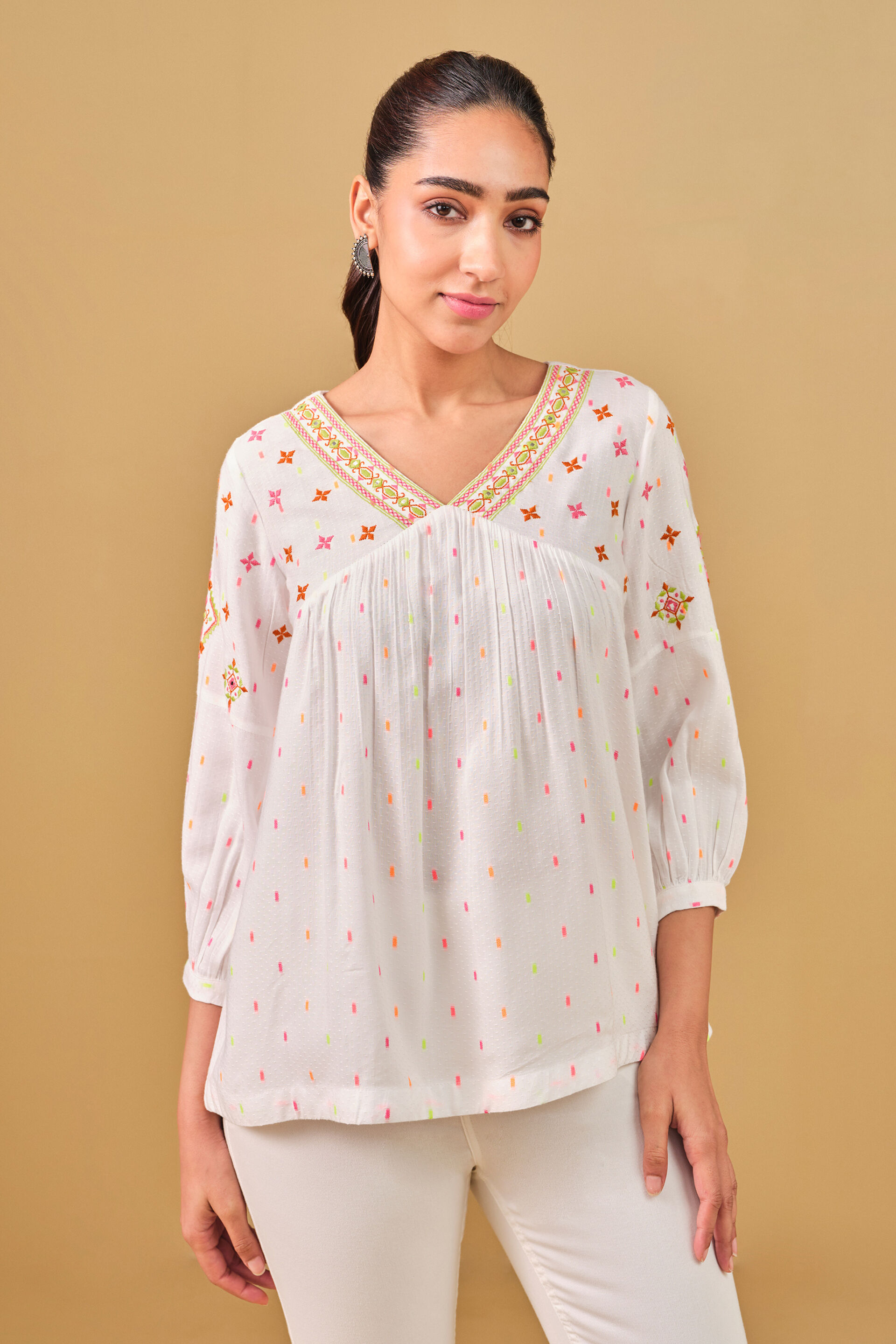 White Embroidered Viscose Top, White, image 7